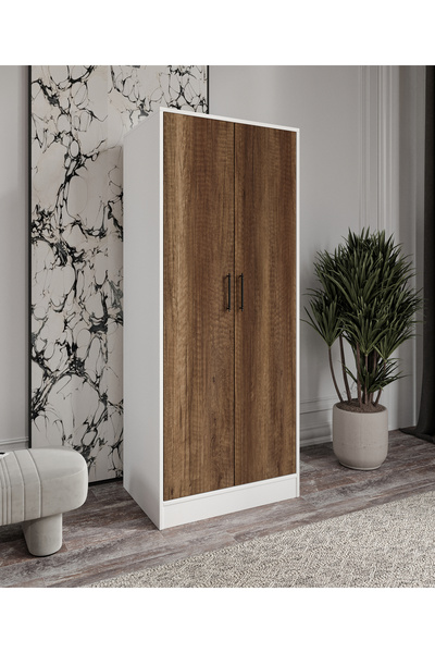 MORİVA HOME %100 MDF 2 Kapaklı 7 Raflı ve 1 Askı Borulu Elbise Dolabı BAROK CEVİZ-SOFT BEYAZ– 182x70x52 cm