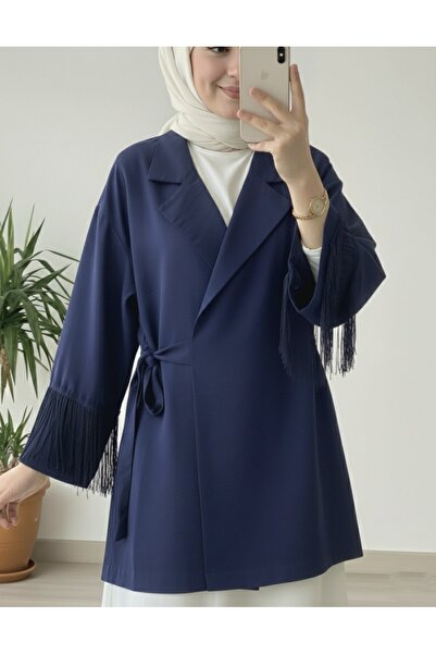 Modamorfo Tie-Front Kimono Jacket with Tassel Detail on the Sleeves - Navy