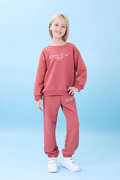 Perendi Girl's Dreamy Embroidered Crew Neck Seasonal Top and Bottom Set Tile