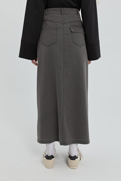 Nihan Fermuar Detaylı Denim Etek Gri