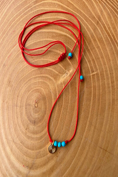 Shepidi Red String Gold Spiral Blue Bead Necklace