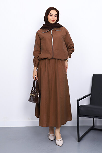 İmajButik Brown Pocketed Elastic Waist Skirt Suit