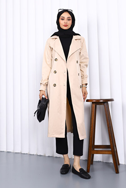 İmajButik Beige Double Breasted Collar Buttoned Trench Coat