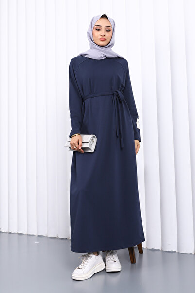 İmajButik Μπλε ναυτικό φόρεμα με λαιμόκοψη και ζώνη στη μέση