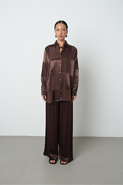 Orfeo Negro Women's Brown Checkerboard Pattern Oversize Cut Hijab Shirt