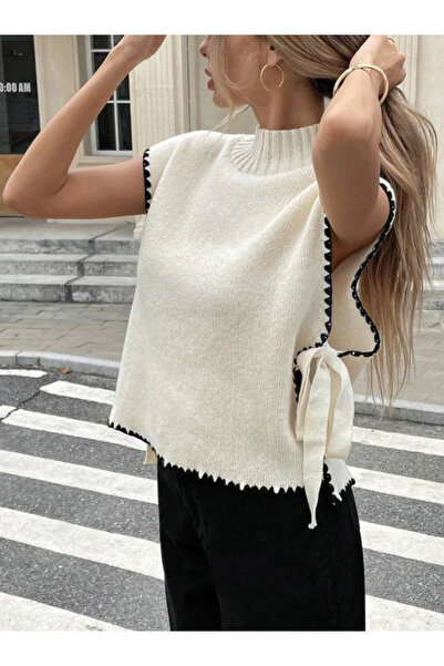 Buklemoda Pulover tricotat fără mâneci cu șireturi laterale