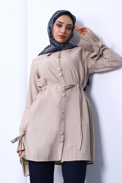 İmajButik Beige Cuffed Pleated Modal Tunic