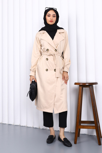 İmajButik Beige Double Breasted Collar Buttoned Trench Coat