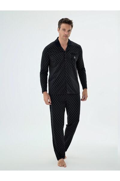 Svm Svman 9642 Men's Black Sv Logo Buttoned Long Sleeve Stylish Shirt Pajama Set