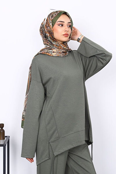 İmajButik Khaki Front Detailed Modal Tunic Trouser Set