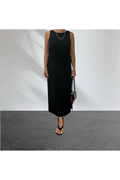 ABAS Siyah Hafif Halter Yaka Kolsuz Yandan Yırtmaçlı Uzun Elbise