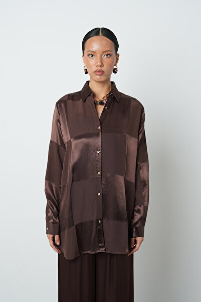 Orfeo Negro Women's Brown Checkerboard Pattern Oversize Cut Hijab Shirt