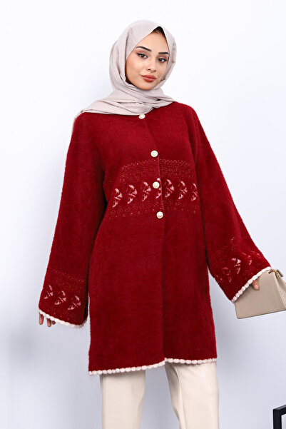 İmajButik Burgundy Patterned Soft Knit Cardigan