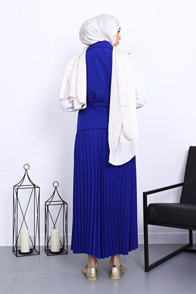 İmajButik Saks Blue Belted Vest Skirted Crepe Suit