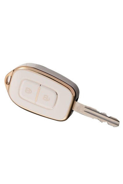 LUVLU Husa premium cheie Dacia 2 butoane compatibila Logan Sandero Duster Renault Symbol Trafic, Alb/Auriu