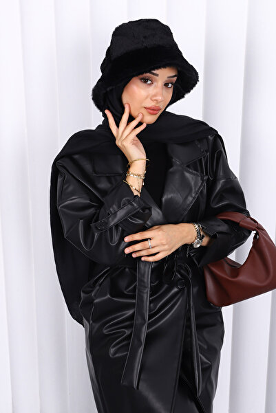 İmajButik Μαύρο δερμάτινο παλτό με διπλό γιακά και ζώνη