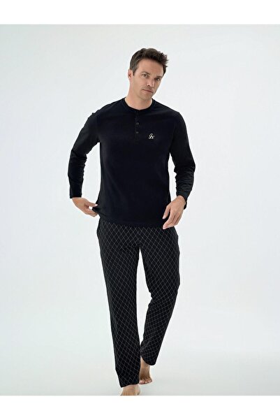 Svm Svman 9643 Erkek Siyah SV Logo Yarım Düğmeli Uzun Kollu Şık Pijama Takım