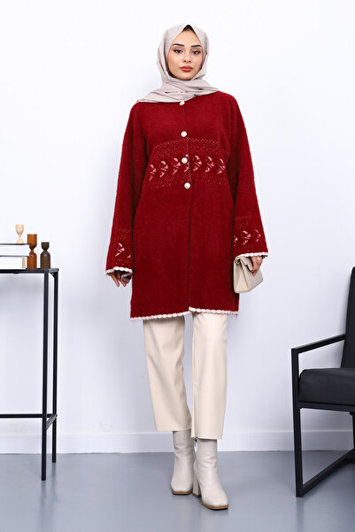 İmajButik Burgundy Patterned Soft Knit Cardigan