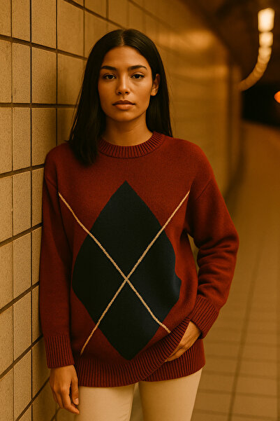 minaaise Women's Burgundy Knitwear Tunic with Diamond Pattern Soft Texture 347