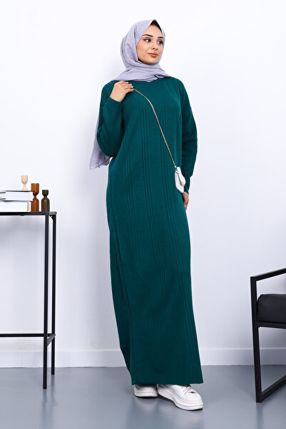 İmajButik Σμαραγδένιο πράσινο πλεκτό φόρεμα με ραβδωτό γιακά