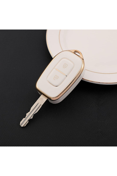 LUVLU Husa premium cheie Dacia 2 butoane compatibila Logan Sandero Duster Renault Symbol Trafic, Alb/Auriu