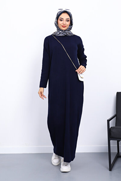 İmajButik Μπλε ναυτικό φόρεμα πλεκτό με ραβδώσεις με ψηλό γιακά