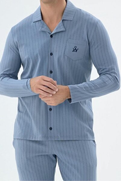 Svm Svman 9633 Erkek Mavi Çizgili SV Logo Boydan Düğmeli Şık Gömlek Pijama Takım