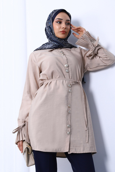 İmajButik Beige Cuffed Pleated Modal Tunic