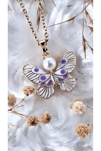 Serenity قلادة فولاذية مزينة باللؤلؤ وخطوط أرجوانية وشكل فراشة