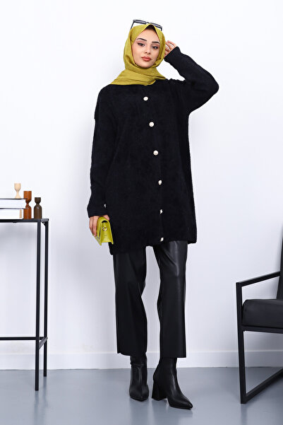 İmajButik Black Buttoned Angora Soft Knit Cardigan