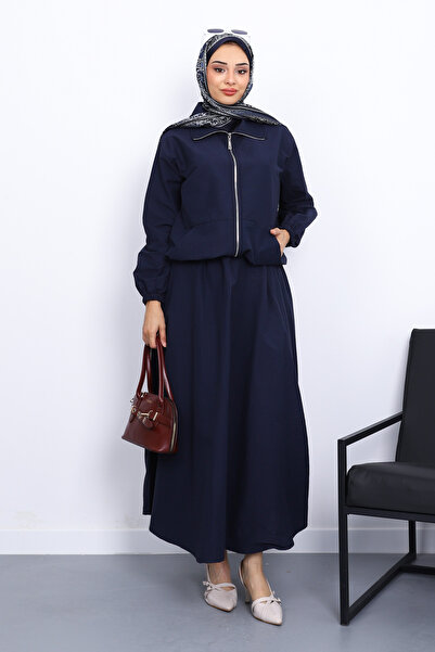 İmajButik Navy Blue Pocketed Elastic Waist Skirt Suit