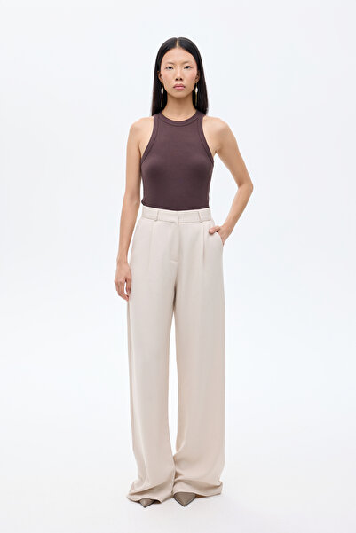 Quzu Wide Leg Palazzo Fabric Trousers Beige