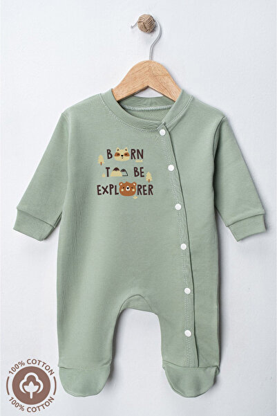 Miniel Unisex Born to Be Printed 0-6 Months Combed Organic Cotton Baby Rompers with Booties Set of 2