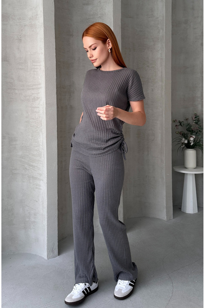 EYYE Smoked Women's Cotton Gathered Side Ribbed Top and Bottom Set