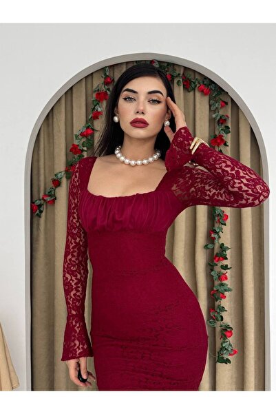 ETİKAFASHION Büzgü Yaka İspanyol Kol Dantel Uzun Elbise