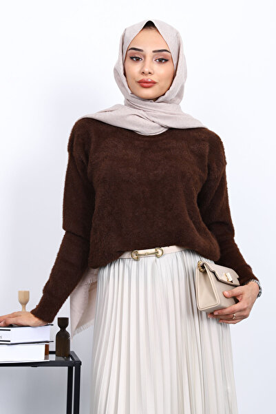 İmajButik Καφέ πουλόβερ με λαιμόκοψη Angora Yumoş πλεκτό πουλόβερ