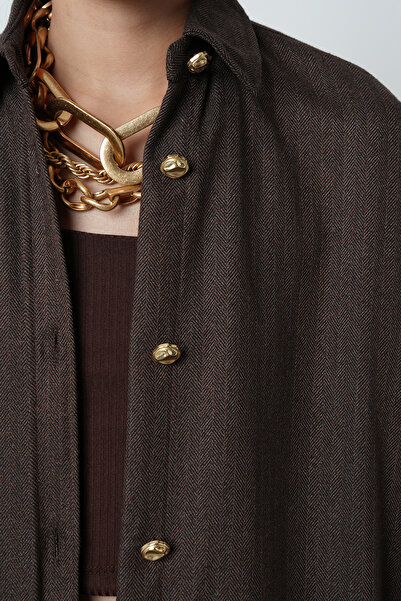 Orfeo Negro Women's Brown Plain Oversize Hijab Shirt with Gold Button Detail