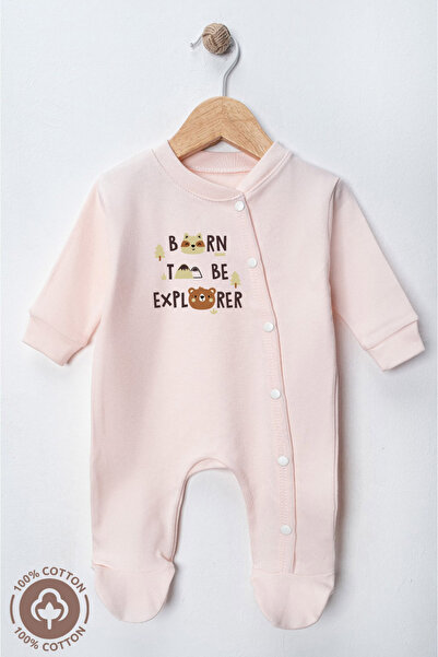 Miniel Unisex Born to Be Printed 0-6 Months Combed Organic Cotton Baby Rompers with Booties Set of 2