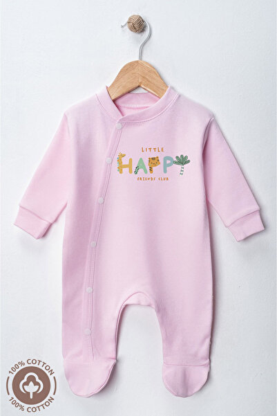 Miniel Unisex Happy Baskılı 0-6 Ay Penye Organik Pamuklu Patikli Bebek Tulum