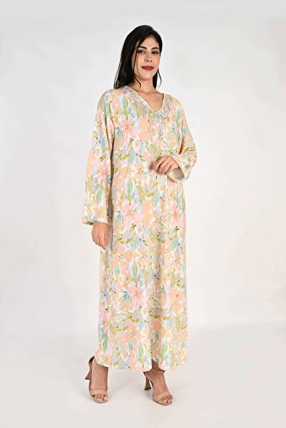 LINELLE جلابية نسائية - ماكسي رايون بطبعة زهور باستيل مع تفاصيل تطريز