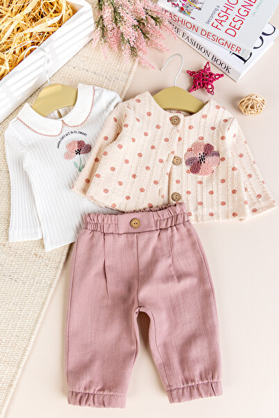 Babymod Polka Dot 3-Piece Floral Embroidered Cotton Baby Girl Set