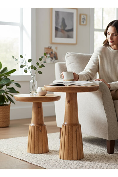 ASELYA HOME Doğal Ahşap 2’li Set Mantar Yan Sehpa Modern Fiskos Zigon Çiçeklik