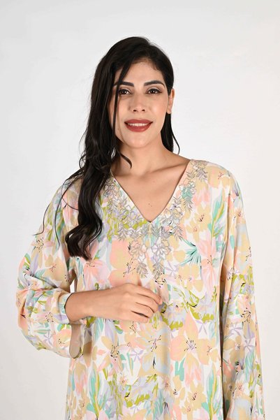 LINELLE Ladies Jalabiya – Pastel Floral Printed Rayon Maxi with Embroidery Detailing