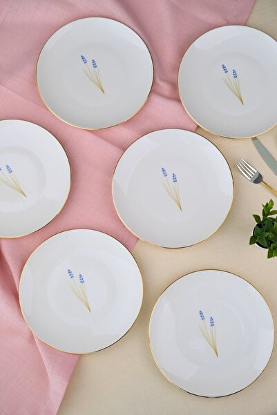 tabakevi Tabak Evi Porcelain Natura Lavender Gold Gilded Cake Plate 20.50cm Set of 6