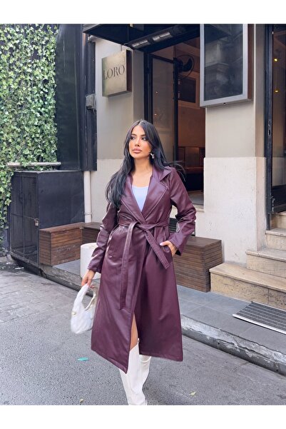 CARLA MARA Дълго бордо кожено палто с колан