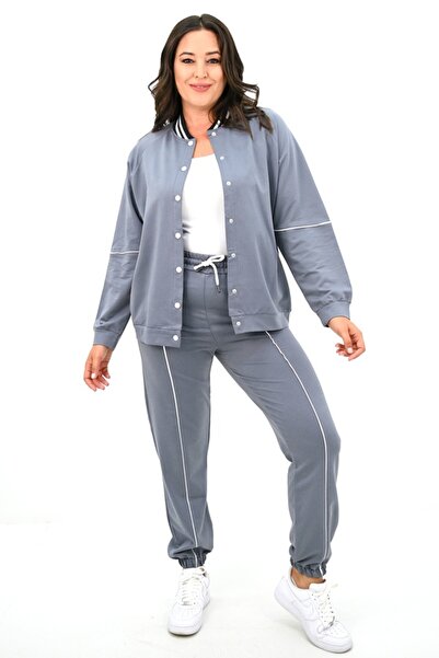 FashionForYou Γυναικείο κοστούμι CapsLine, μακρύ σακάκι και παντελόνι με κορδόνι, μεγάλα μεγέθη, γκρι