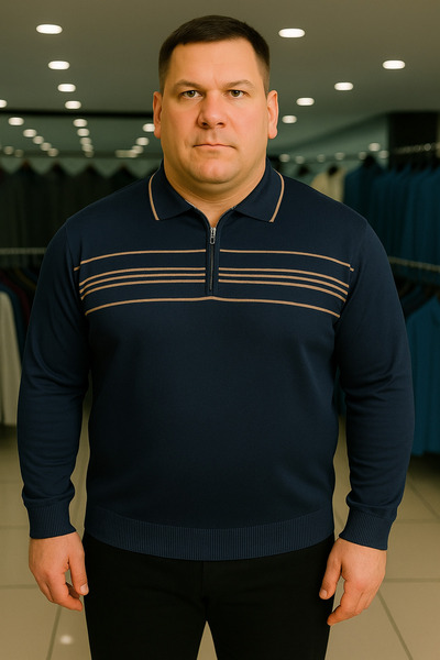 Maccali Men's Plus Size Striped Navy Blue Polo Zipper Sweatshirt