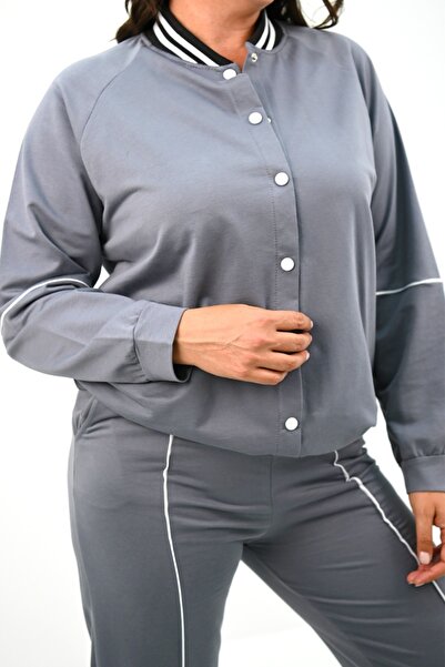 FashionForYou Γυναικείο κοστούμι CapsLine, μακρύ σακάκι και παντελόνι με κορδόνι, μεγάλα μεγέθη, γκρι