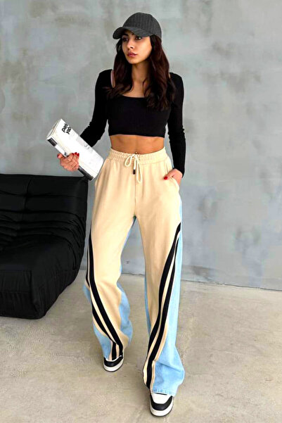 FashionForYou Παντελόνι Katalea από βαμβάκι, με τζιν, κορδόνι στη μέση και άνετη εφαρμογή, κρεμ, 32