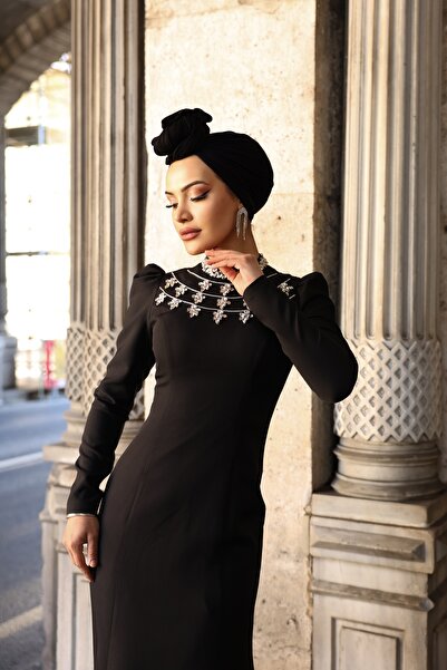 Halezademoda YAKASI TAŞ İŞLEMELİ KREP TESETTÜR ABİYE